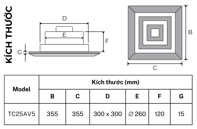 Bản vẽ kích thước quạt thông gió hút thẳng âm trần TICO TC25AV5, lỗ trần 310x310mm, mặt 355x355mm