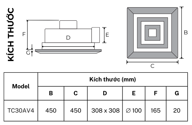 Bản vẽ kích thước quạt thông gió hút ngang âm trần TICO TC30AV4, lỗ trần 380x380mm, mặt 450x450mm