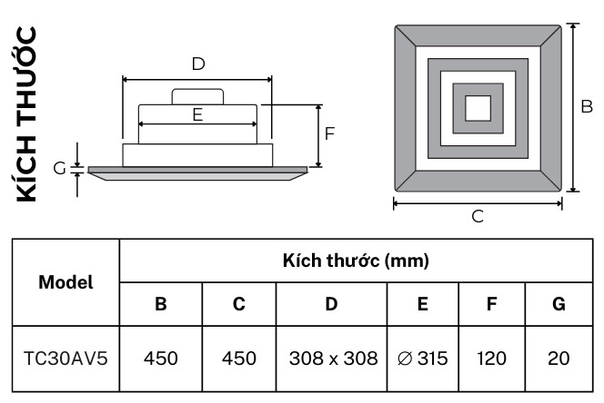 Bản vẽ kích thước quạt thông gió hút thẳng âm trần TICO TC30AV5, lỗ trần 380x380mm, mặt 450x450mm