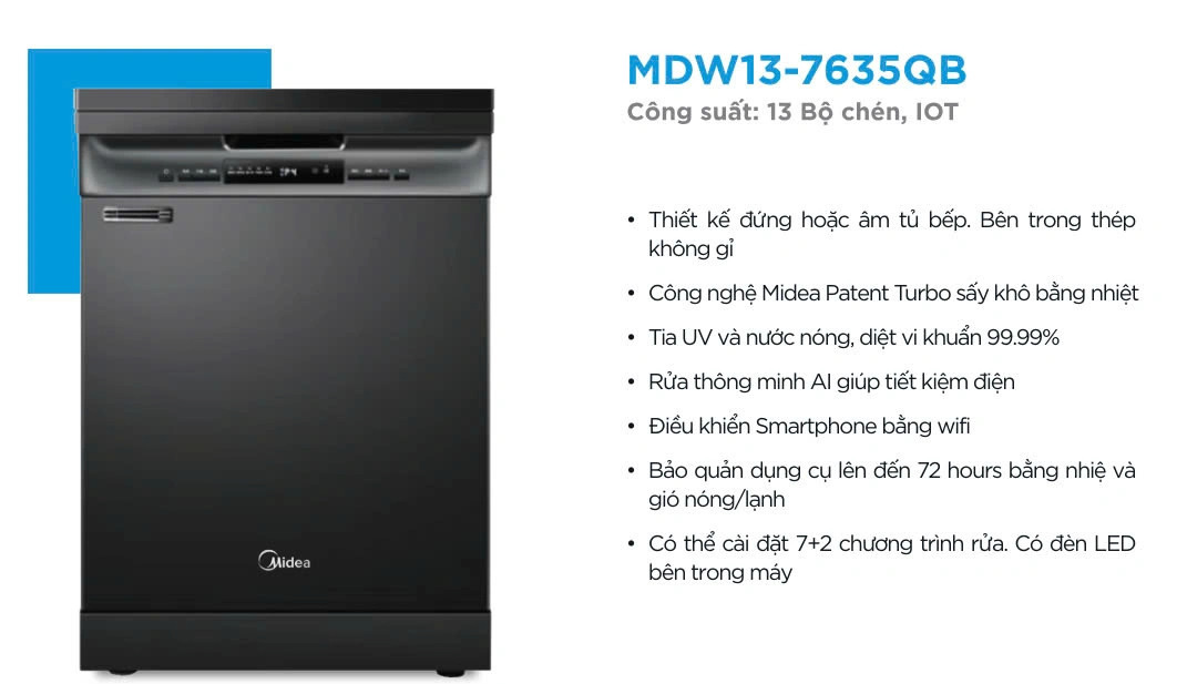 MÁY RỬA CHÉN ĐỘC LẬP MIDEA MDW13-7635QB
