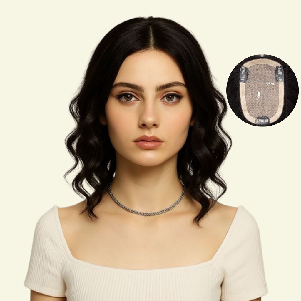 Tóc Giả Che Hói Đỉnh Đầu Nữ - Hai Mái Siêu Da 3D Dài 35cm Uốn Xoăn | Wina