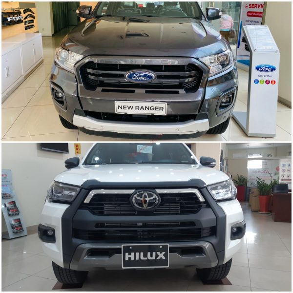 so sánh đầu xe bán tải Ford Ranger Wildtrak 2020 và Toyota Hilux 2.8V Adventure 2021