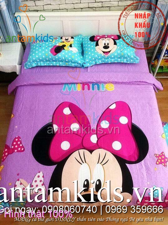 Chăn ga gối đệm drap mền hình Mickey Minnie cho bé gái màu tím hồng 3D đẹp mê ly