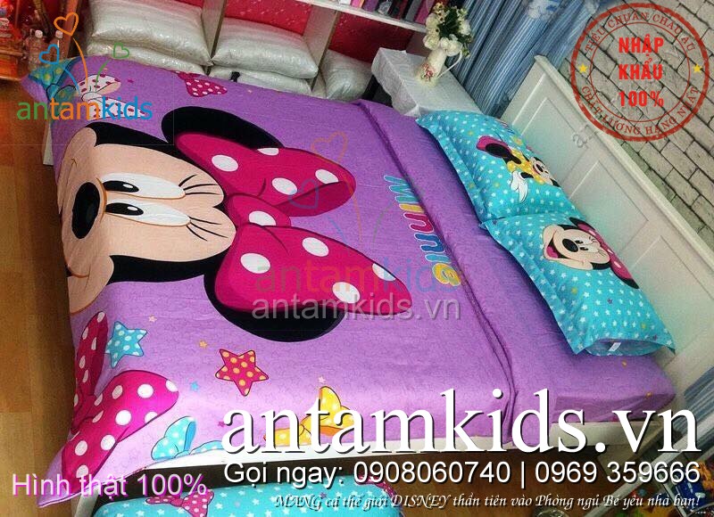 Bộ Chăn ga gối đệm hình Mickey Minnie cho bé gái màu tím hồng 3D đẹp mê ly