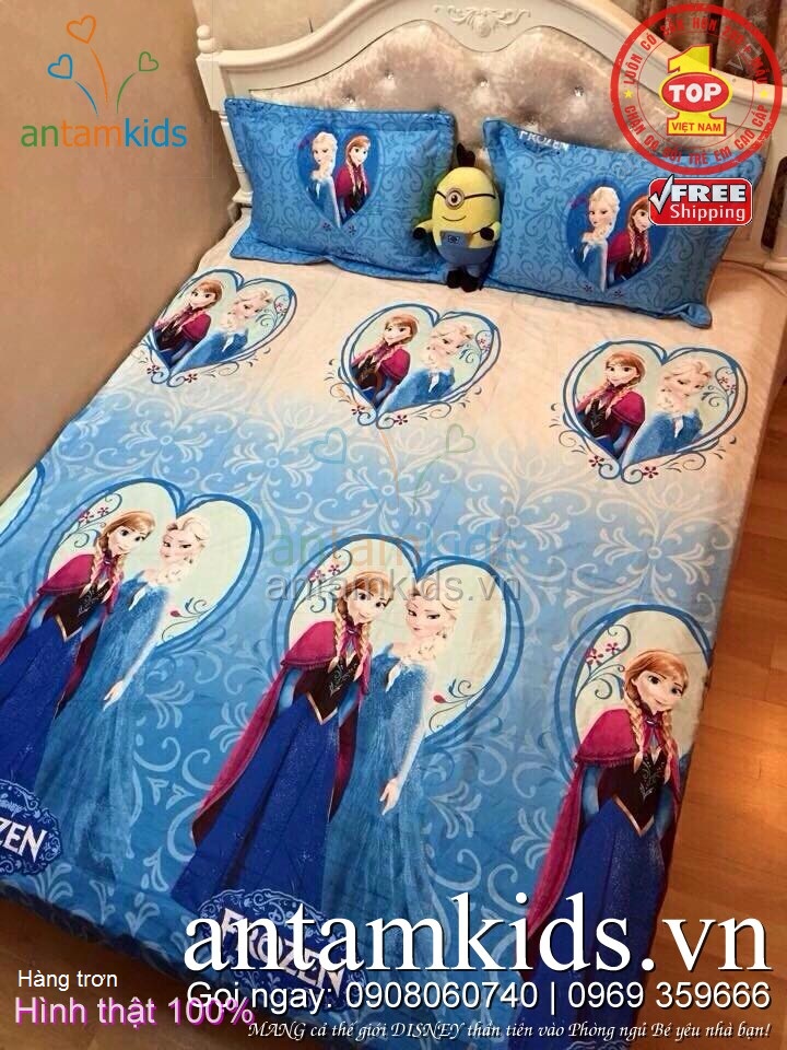 Bộ Chăn ga gối cho bé gái hình Nữ hoàng Băng giá Elsa - Anna xinh đẹp kiêu sa