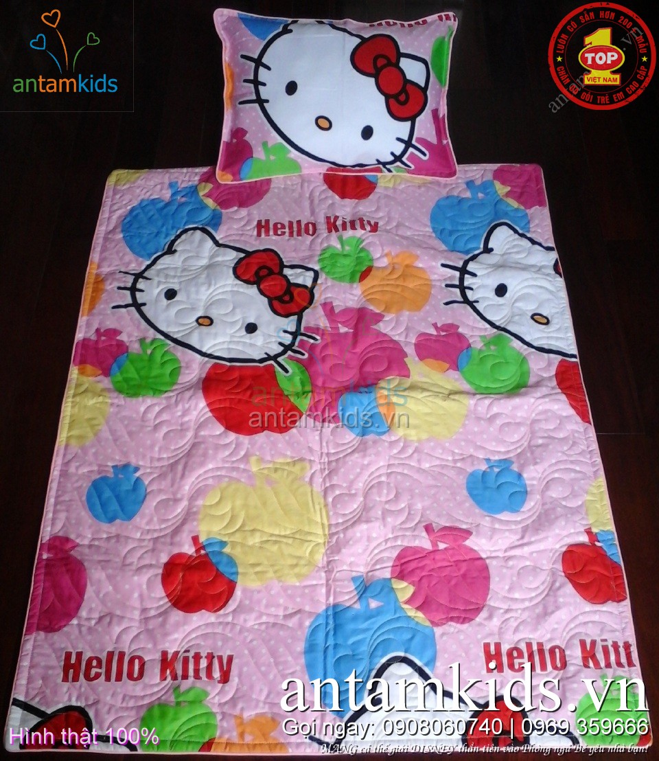 Bộ chăn gối cho bé đi học mẫu giáo hình Hello Kitty 3D cực dễ thương