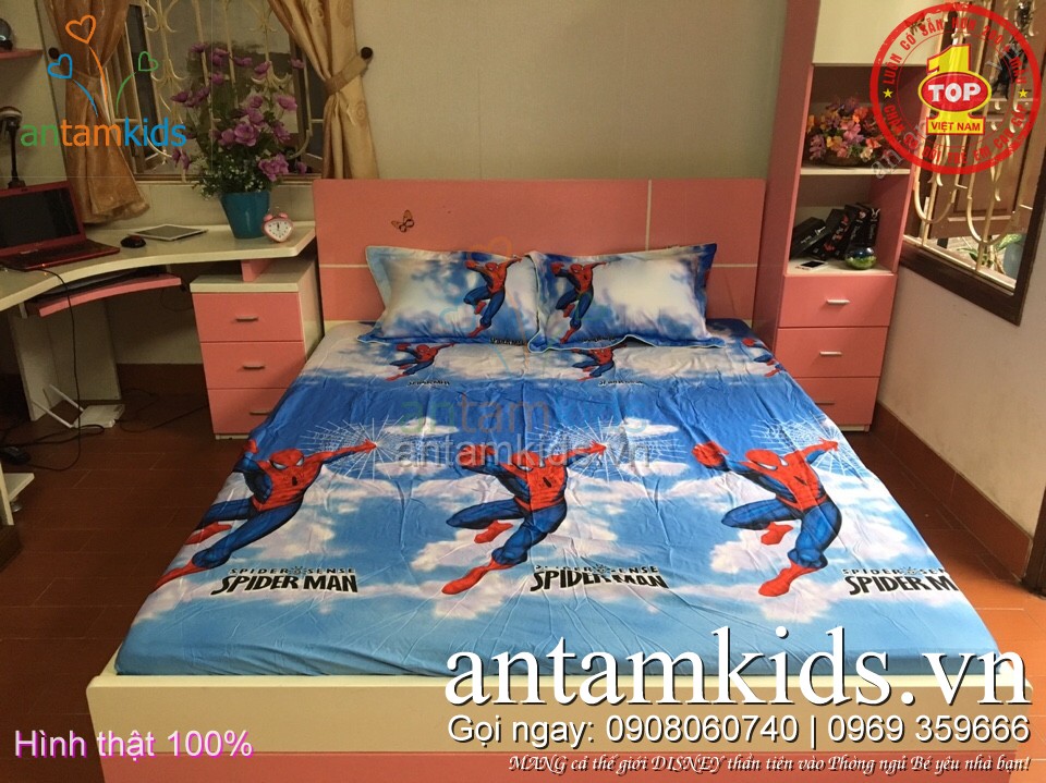 bộ Drap trải giường cho em bé trai hình Người nhện Spiderman, siêu nhân Big Hero,  ô tô vương quốc xe hơi McQueen siêu cá tính mạnh mẽ: