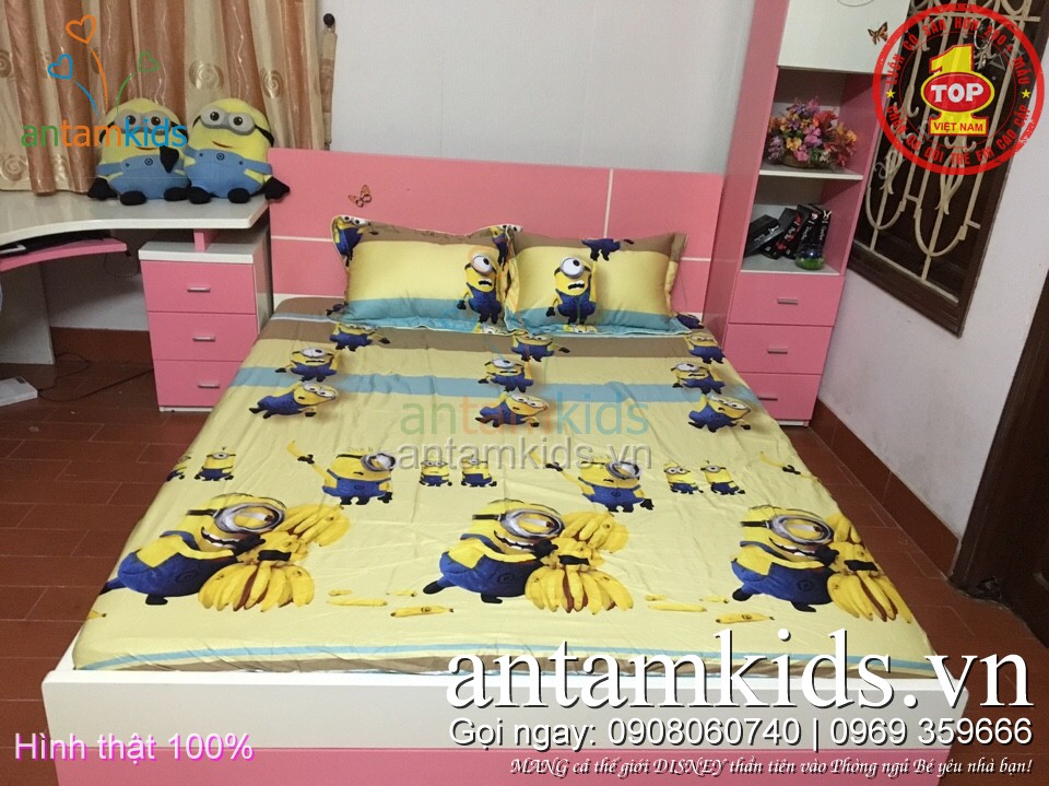 Ra trải giường Minions hoạt hình cho bé trai bé gái - antamkids.vn