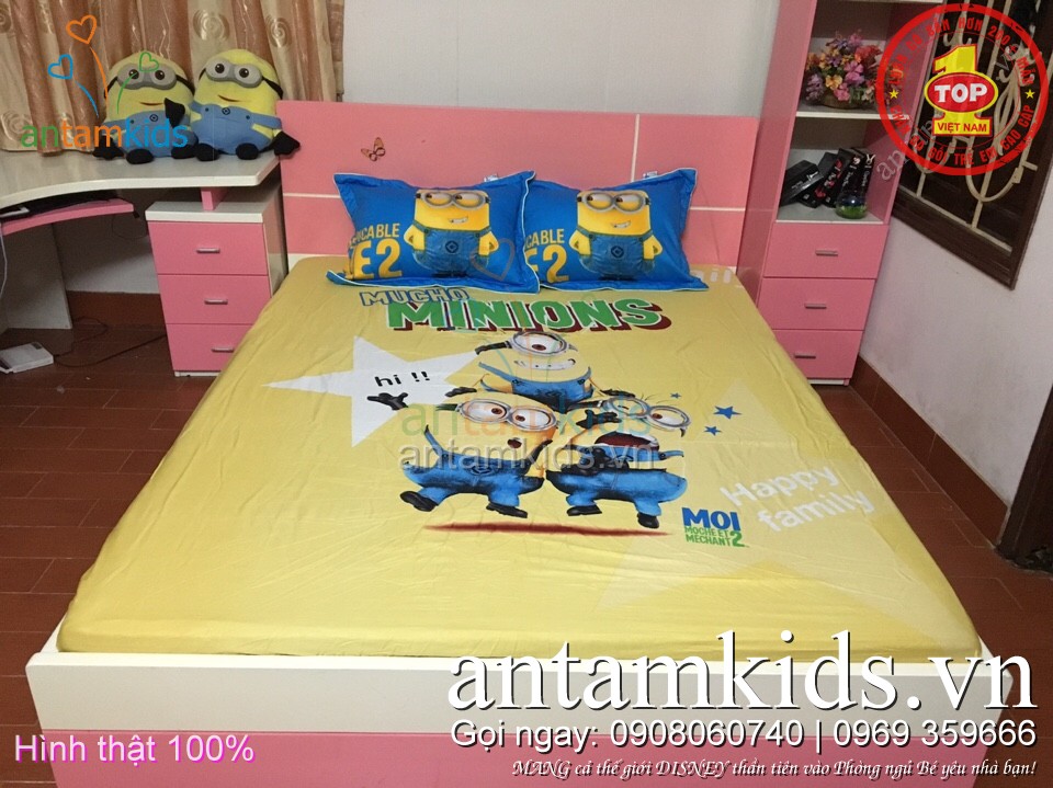 Drap trải giường cho bé yêu hình Minions - chăn ga gối trẻ em antamkids