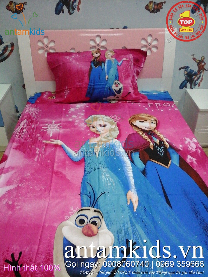 Drap trải giường cho em bé gái hình Nữ hoàng băng giá Frozen Elsa - công chúa Anna