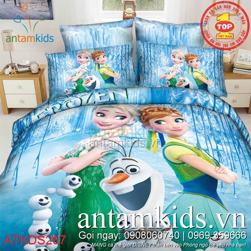 Chăn ga gối drap giường công chúa băng giá cho bé gái Frozen Anna Elsa 