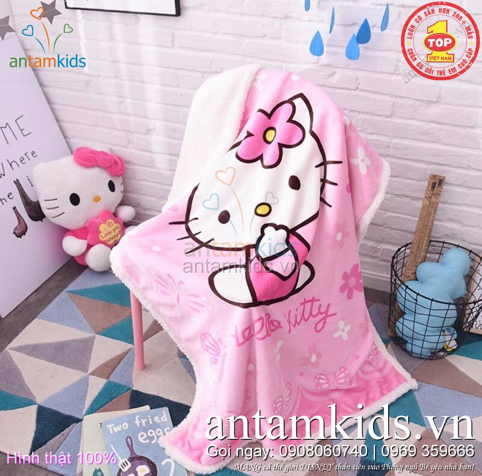 Chăn cho bé, chăn trẻ em Lông Cừu Tuyết nhập khẩu Hello Kitty-Doremon