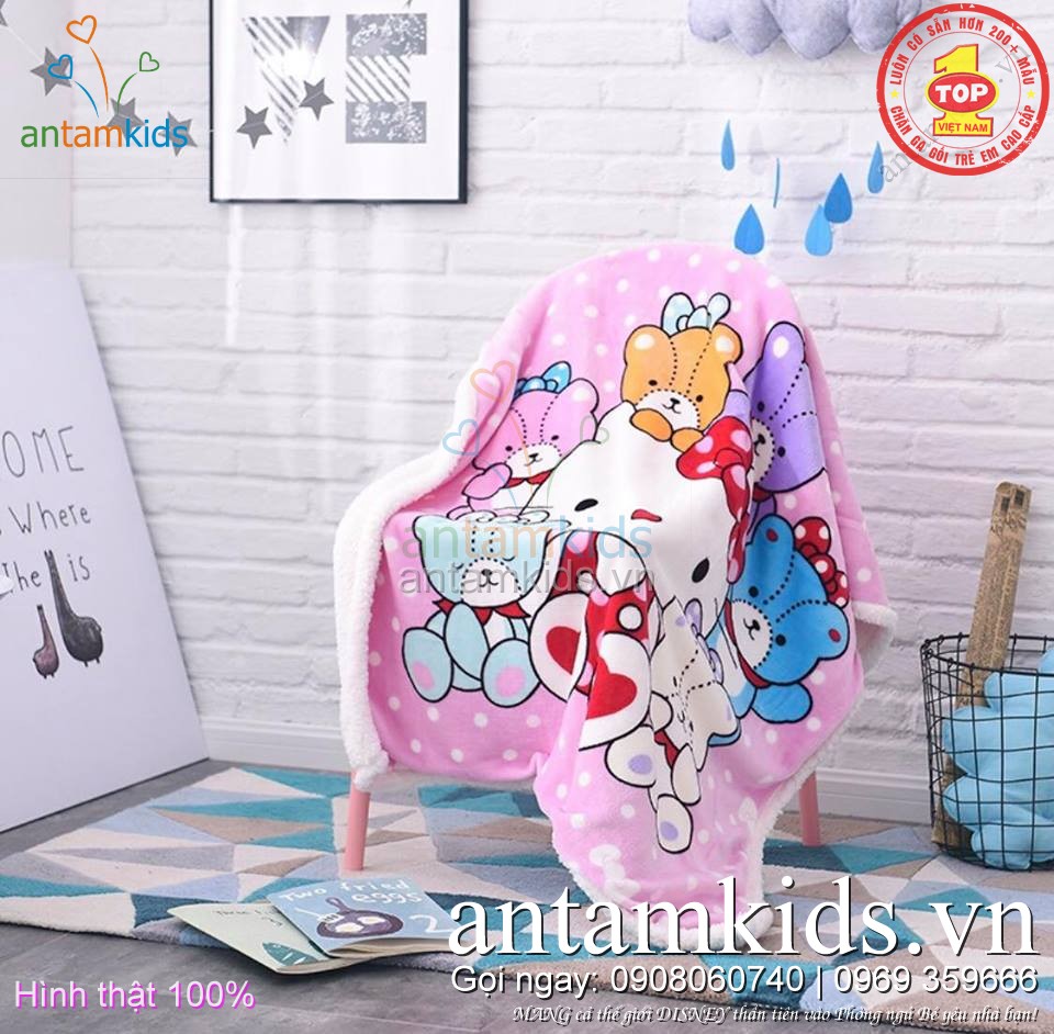 Chăn cho bé, chăn trẻ em Lông Cừu Tuyết nhập khẩu Hello Kitty-Doremon, Mickey