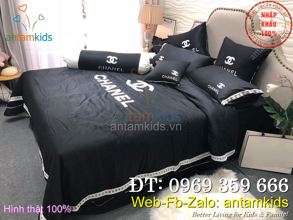 Chăn ga gối Chanel logo hàng hiệu cao cấp, chăn ga gối thương hiệu hàng hiệu