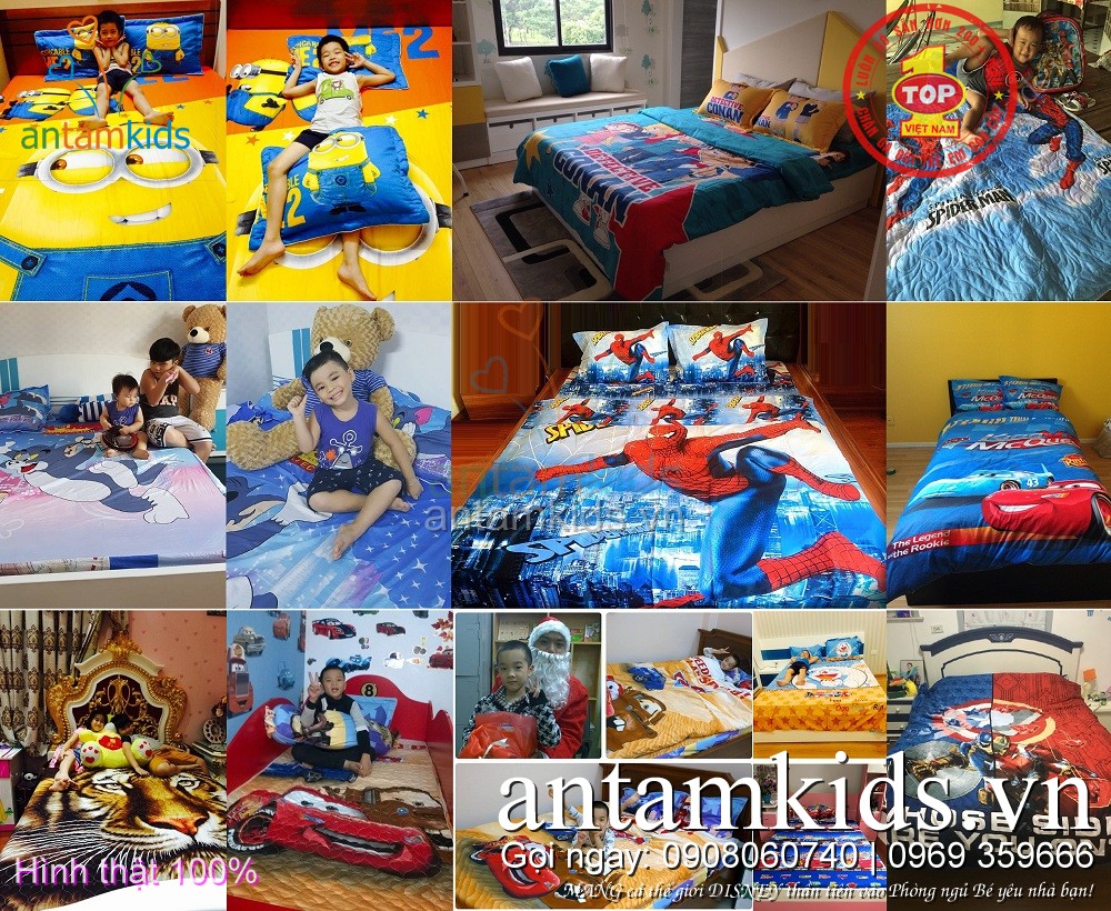 Chăn ga gối cho bé trai hoạt hình Người nhện SpiderMan, Siêu nhân, McQueen, Minion, Doremon