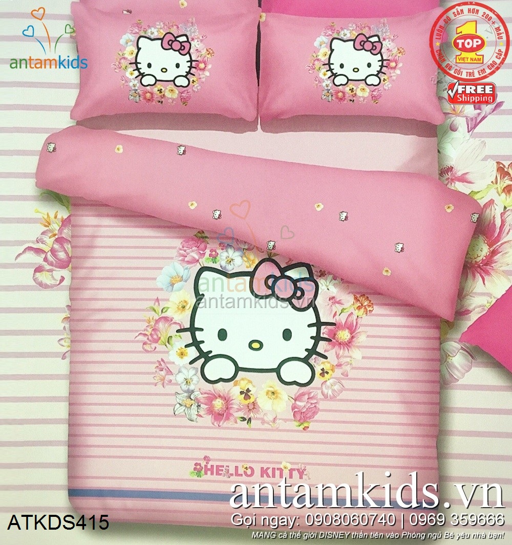 Chăn ga gối hỉnh Hello Kitty, bộ drap giường Hello Kitty cao cấp nhập khẩu cho bé gái