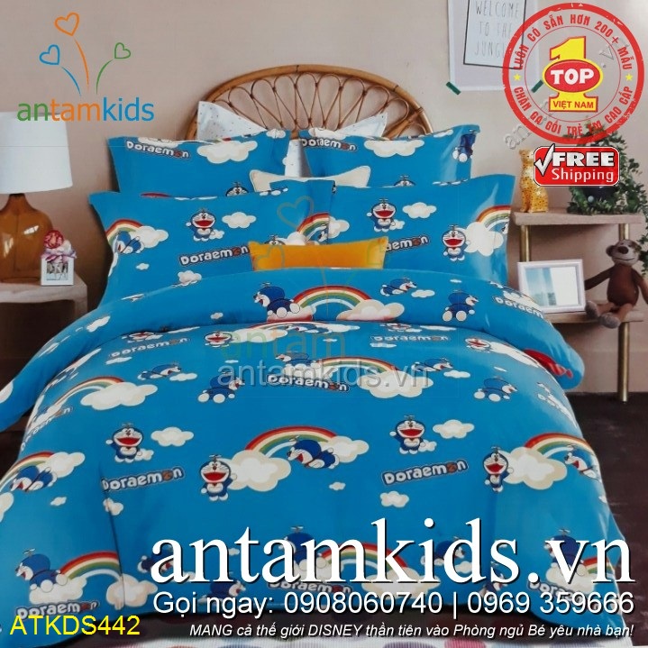 Bộ chăn ga gối in hình Doremon Xanh dương cho bé trai bé gái - antamkids