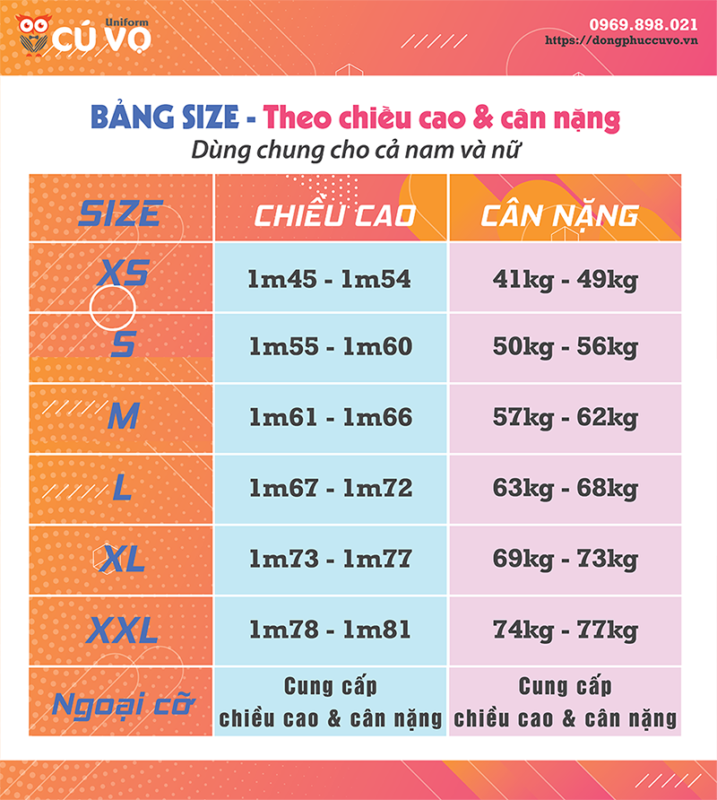 hướng dẫn xác định size áo theo chiều cao câng nặng