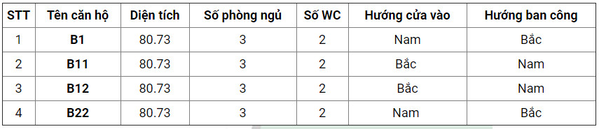 Căn hộ B1; B11; B12 và B22 chung cư 176 Định Công