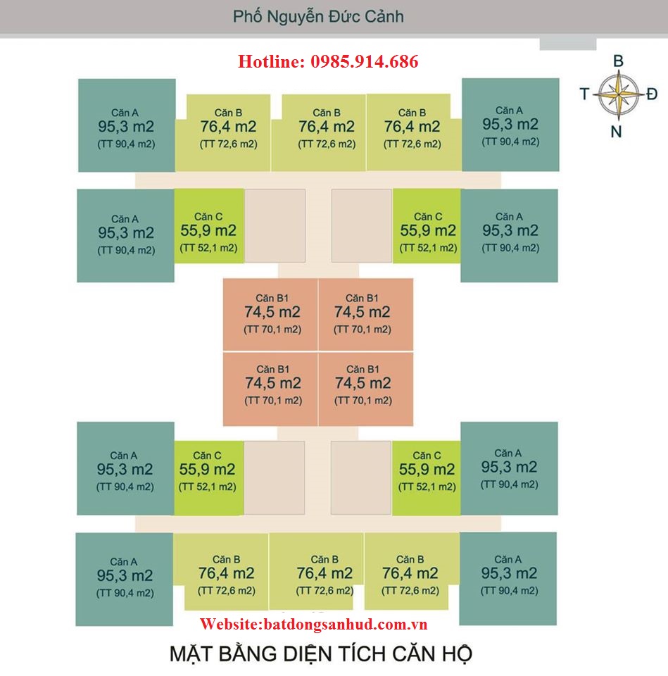 Mặt bằng diện tích căn hộ chung cư HUD3 Nguyễn Đức Cảnh