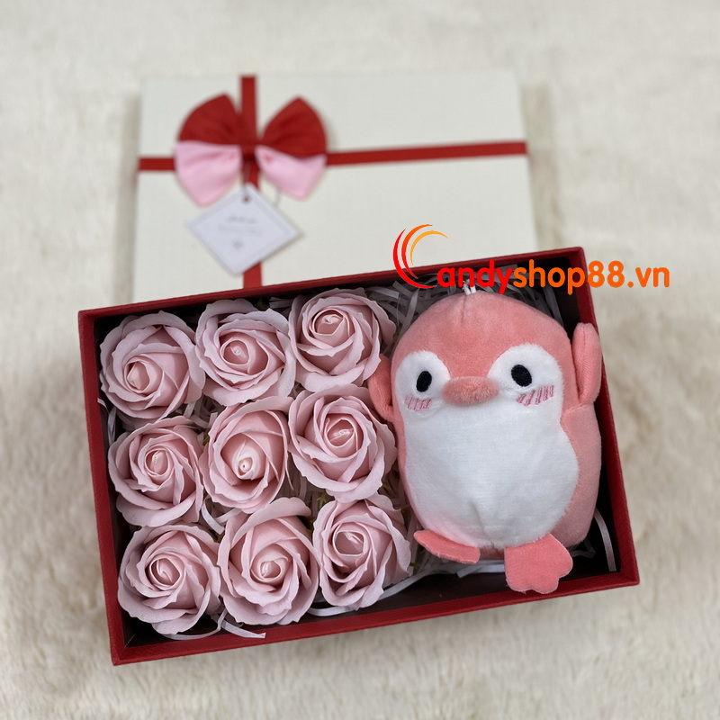 Hộp quà hoa hồng sáp 9 bông & chim cánh cụt