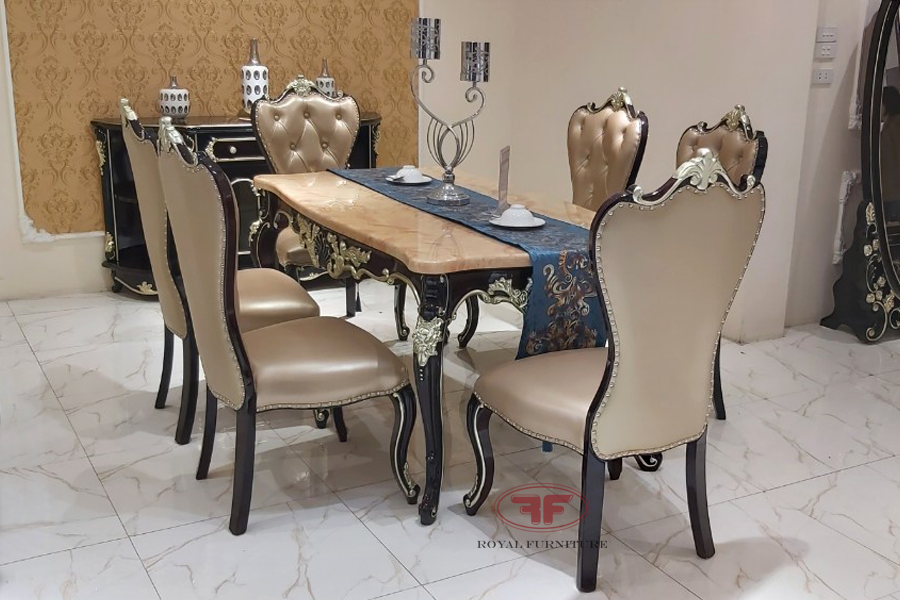 Bộ bàn ăn 6 ghế tân cổ điển lưng cao G938 kết hợp bàn ăn mặt đá 1m6