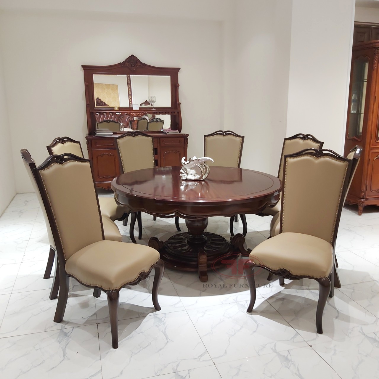 Bộ bàn ăn tròn 8 ghế tân cổ điển mặt gỗ 1m5 phong cách Ý 2805LP