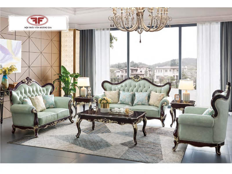 Bộ sofa da màu xanh tân cổ điển G9919