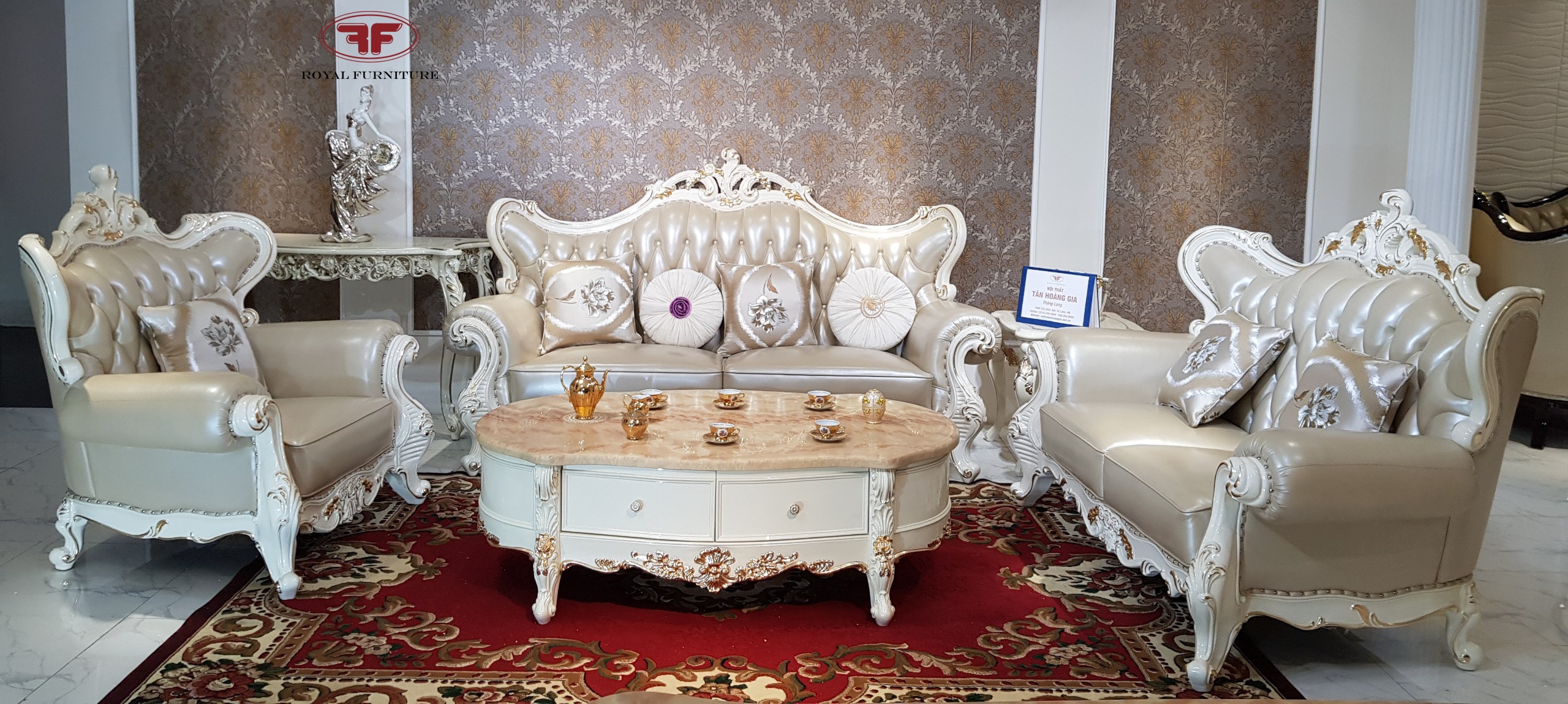 Bộ sofa gỗ tự nhiên tân cổ điển dát vàng 9902B