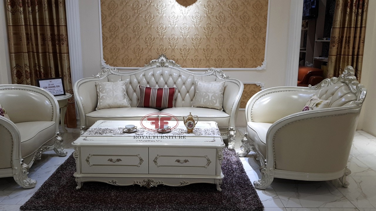 Bộ sofa gỗ phòng khách tân cổ điển màu trắng ngọc trai 9922B