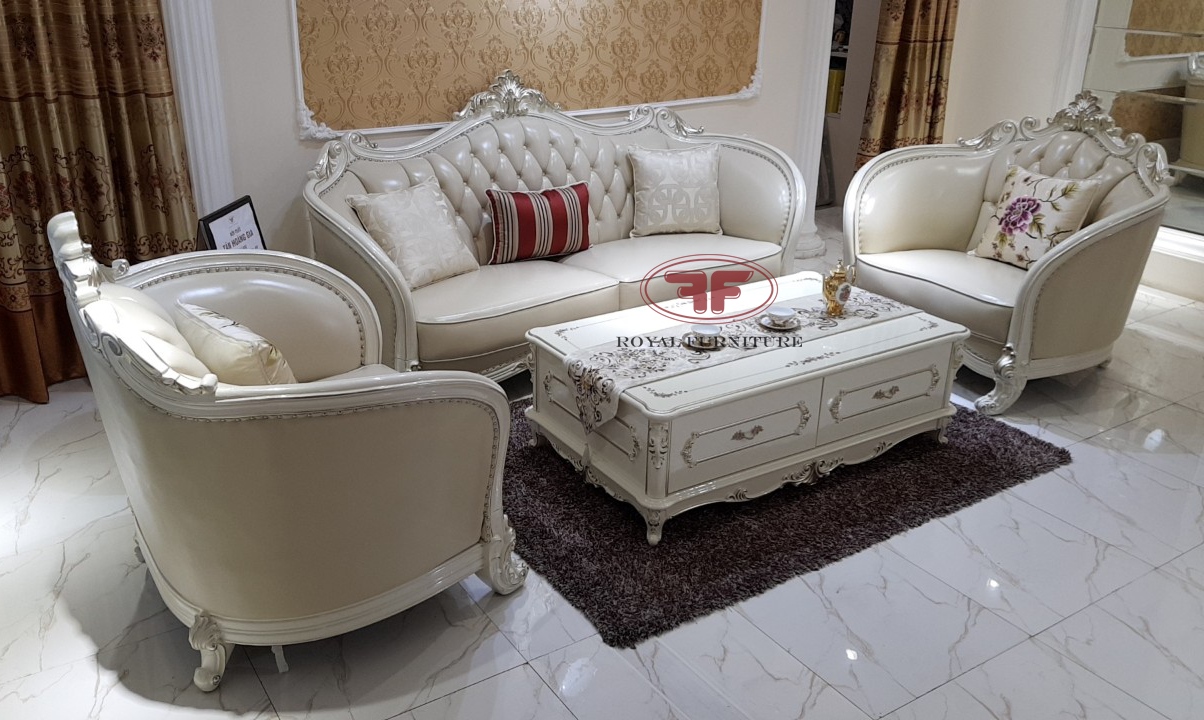Bộ sofa gỗ phòng khách tân cổ điển màu trắng ngọc trai 9922B