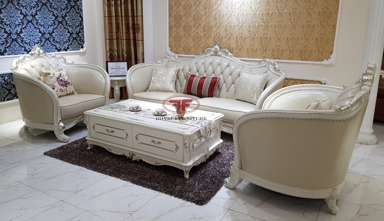 Bộ sofa gỗ phòng khách tân cổ điển màu trắng ngọc trai 9922B