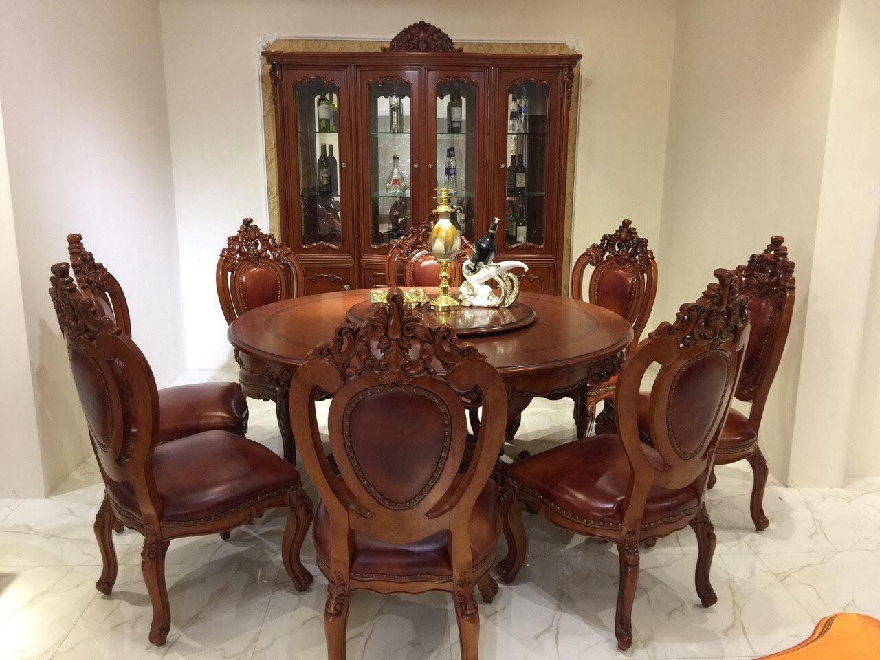 BỘ BÀN ĂN TRÒN XOAY TÂN CỔ ĐIỂN GỖ GÕ ĐỎ 8 GHẾ CAO CẤP | Nội Thất Tân Hoàng Gia