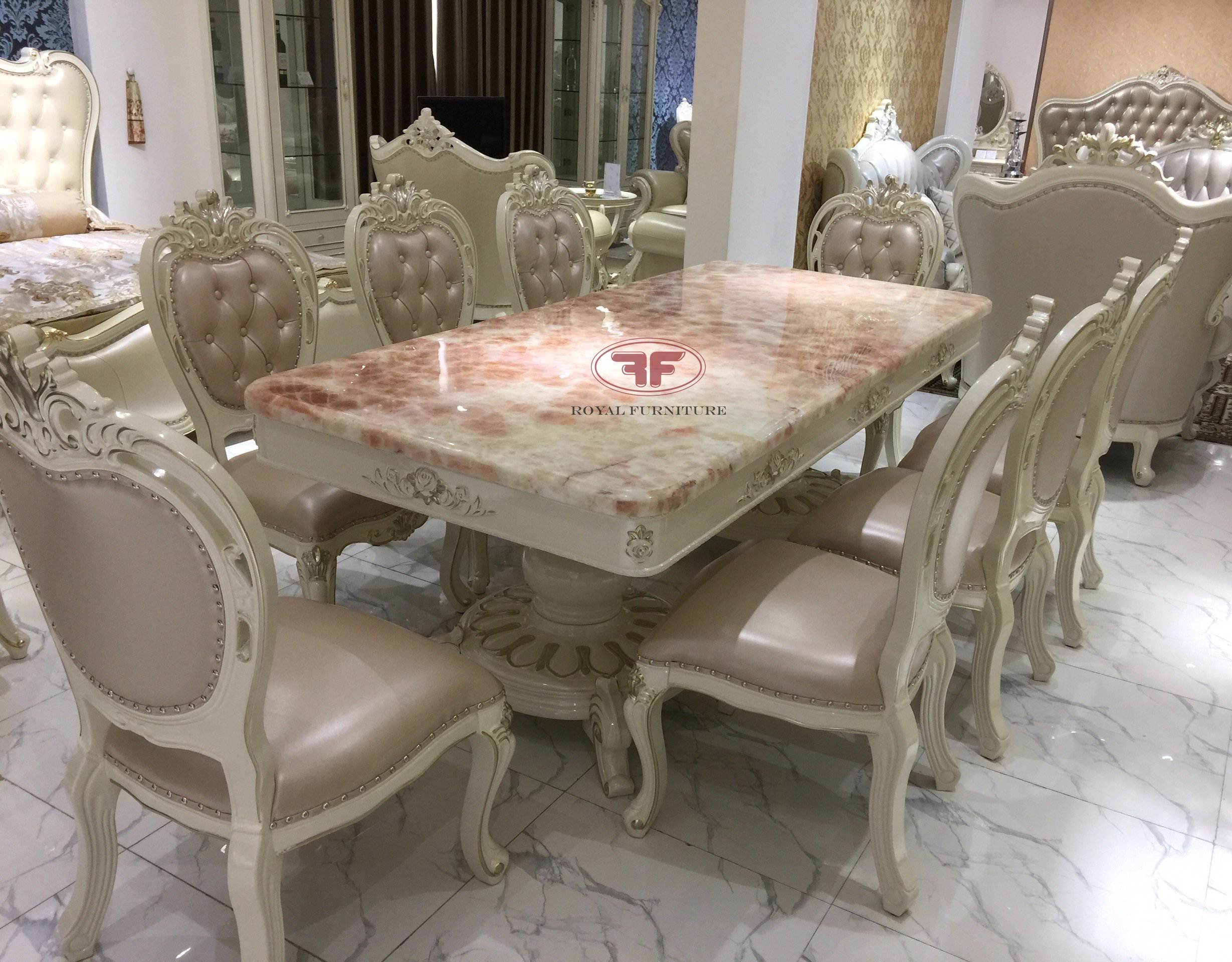Bộ bàn ăn mặt đá tự nhiên tân cổ điển 2m2 - mặt đá hồng ngọc cao cấp