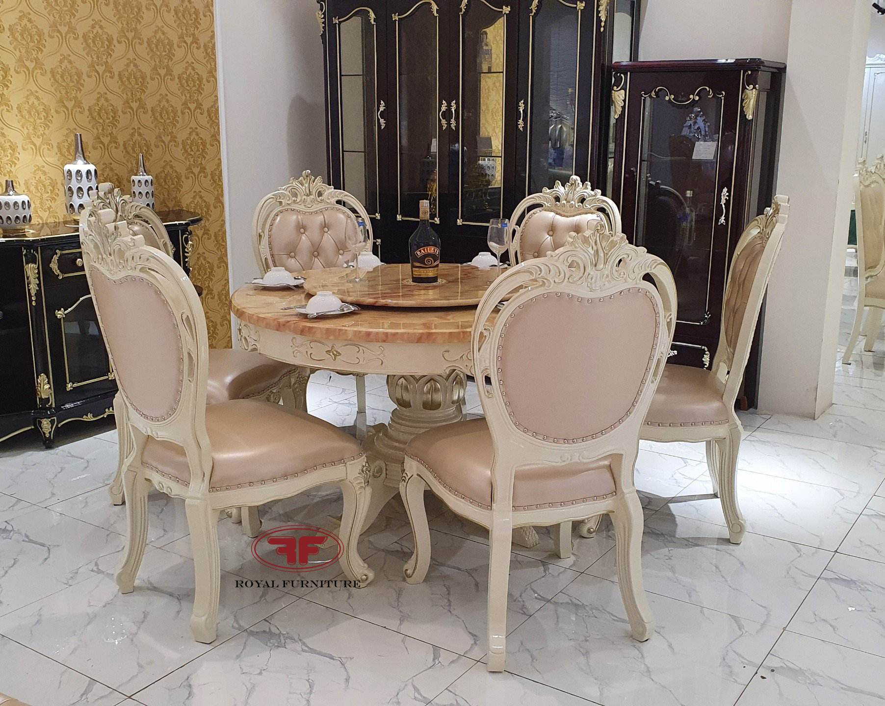 Bộ bàn ăn tròn xoay tân cổ điển mặt đá chân trụ 935B