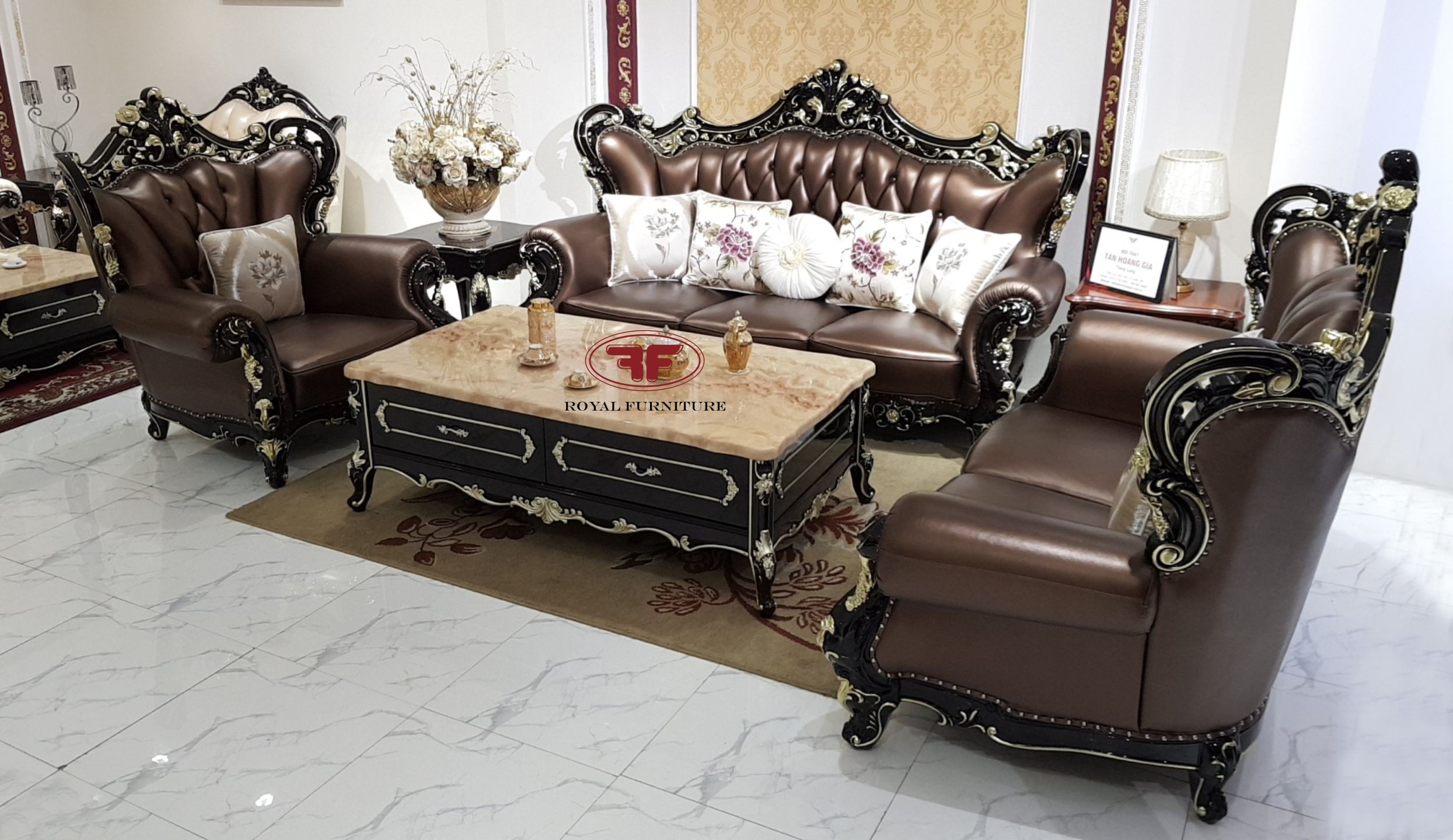 Bộ sofa phòng khách tân cổ điển tone da màu cacao G921