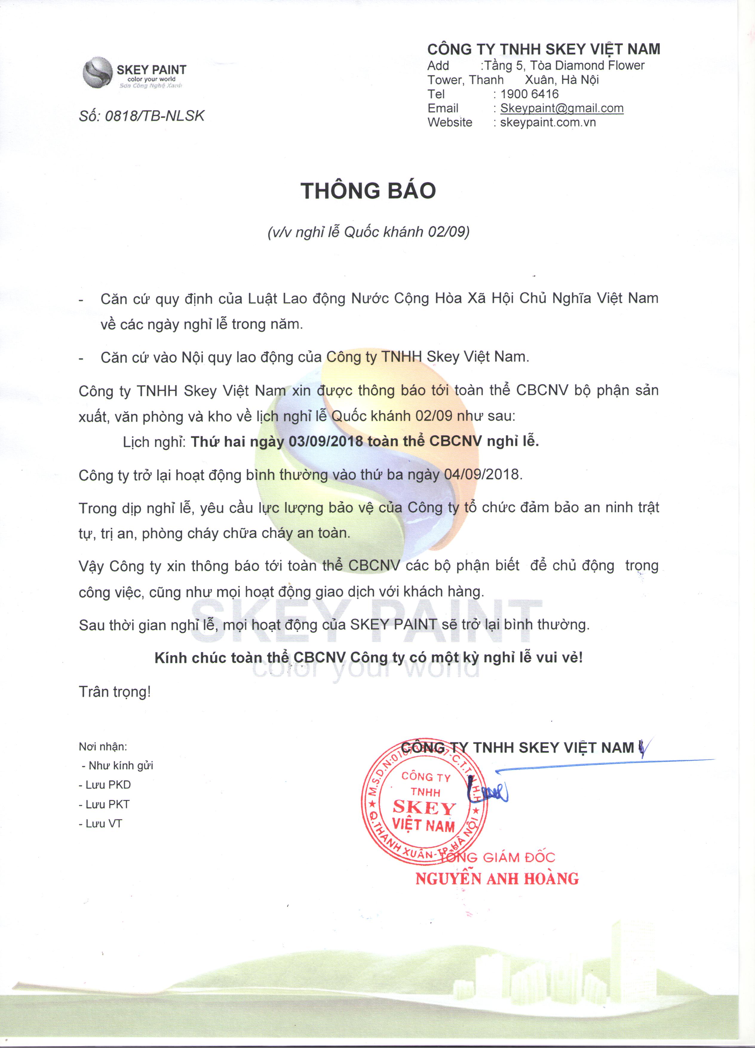 THÔNG BÁO LỊCH NGHỈ LỄ QUỐC KHÁNH 02/09