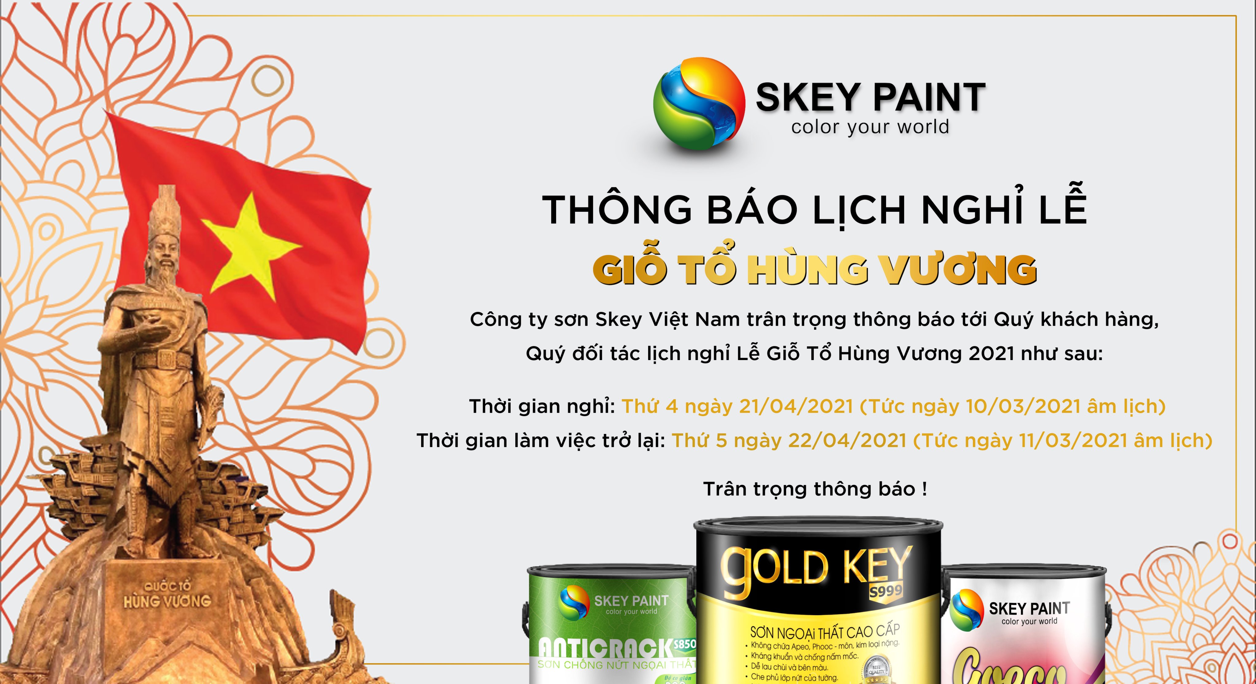 SKEY PAINT THÔNG BÁO LỊCH NGHỈ LỄ GIỖ TỔ HÙNG VƯƠNG 2021