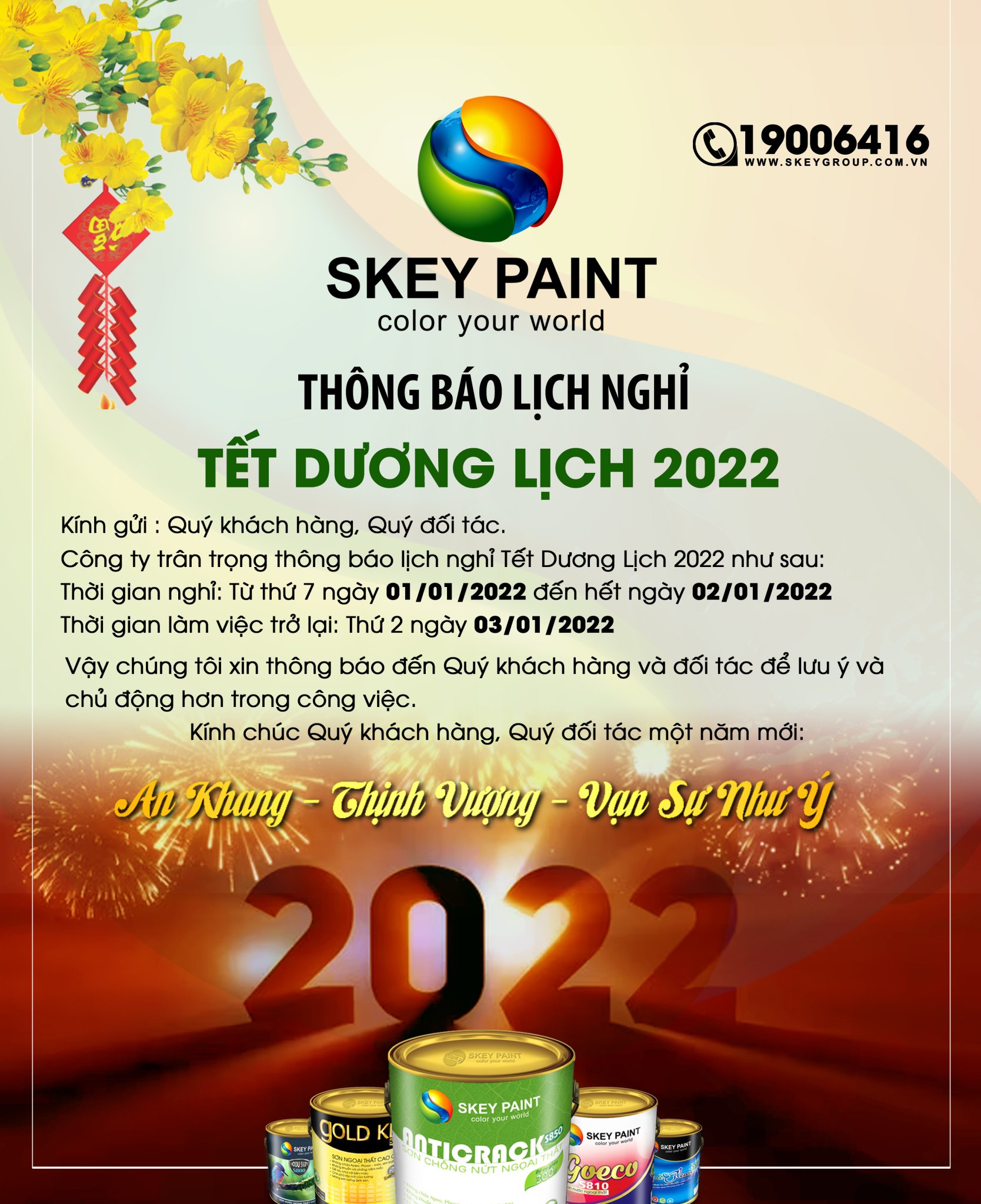 SKEY PAINT THÔNG BÁO LỊCH NGHỈ TẾT DƯƠNG LỊCH 2022