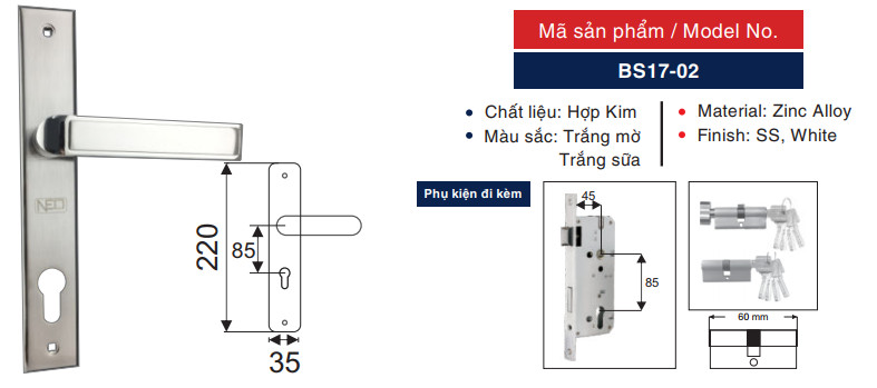 Khóa tay gạt cửa nhôm NEO BS17-02