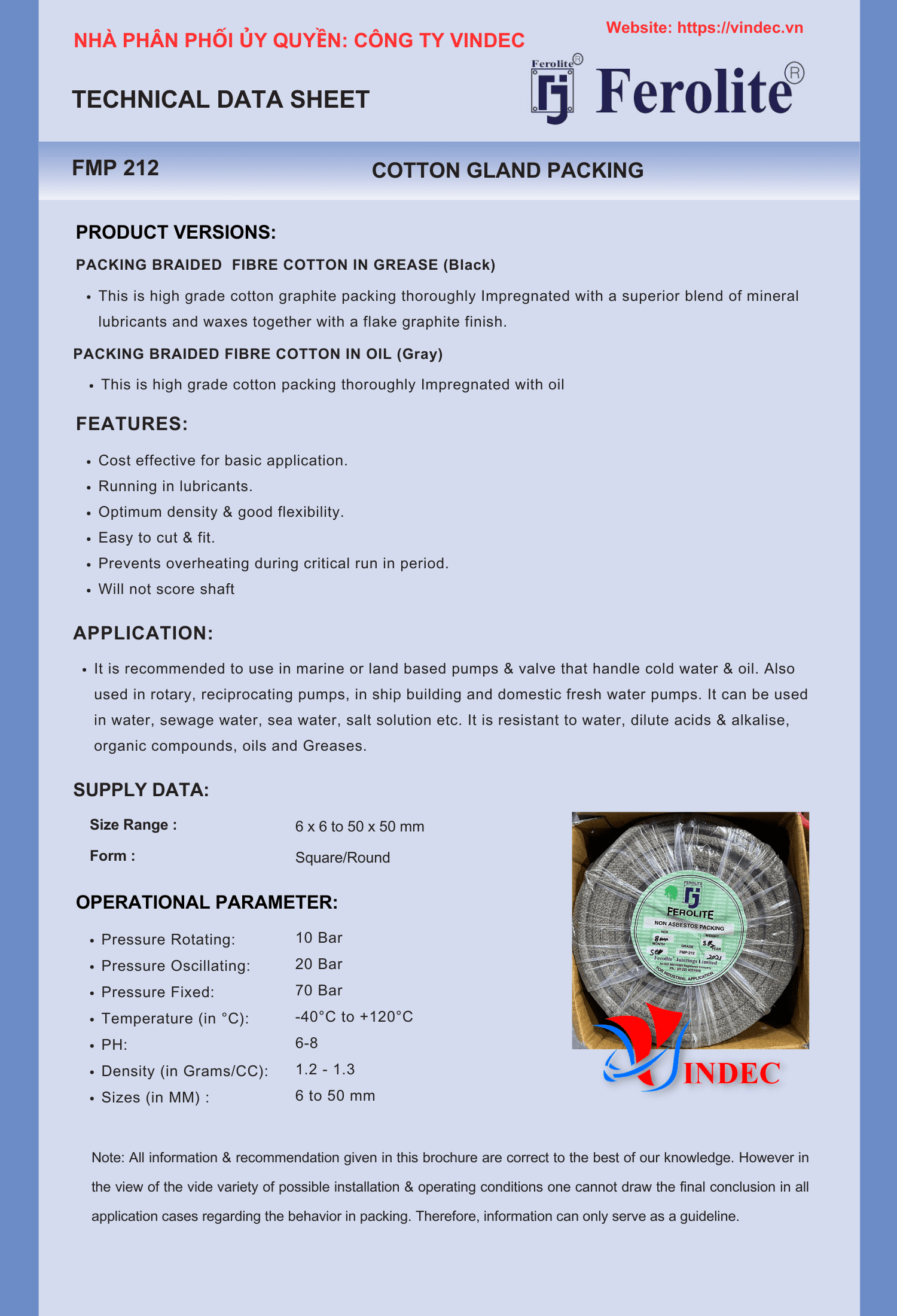 FEROLITE FMP 212 Dây Tết Chèn Cotton Tẩm Mỡ / Tẩm Dầu FMP212