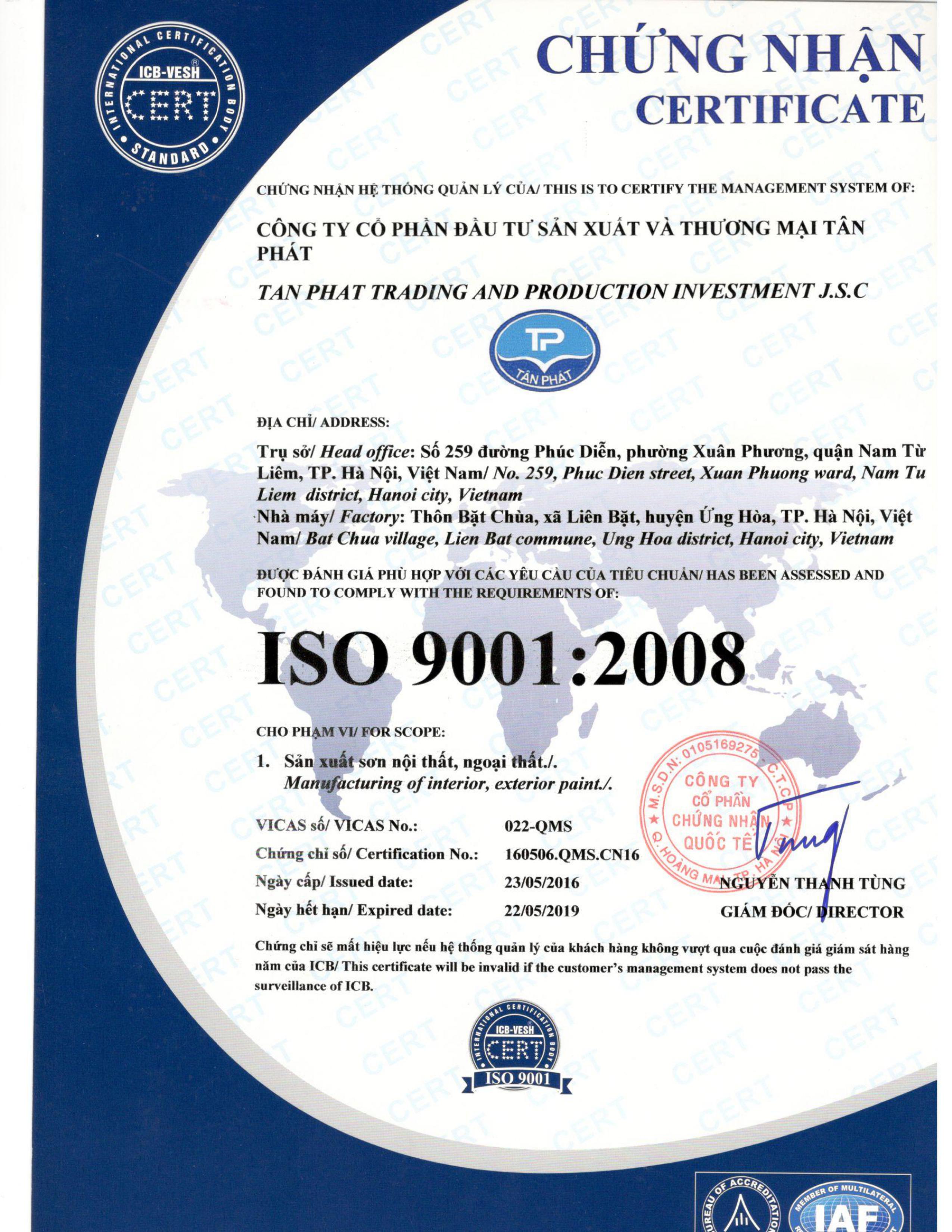 Chứng nhận sơn Buildtex đạt chất lượng ISO 9001"2008