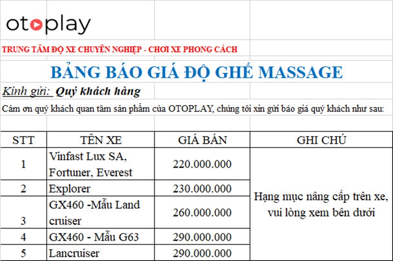 Bảng báo giá độ ghế massage