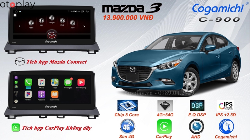 DVD cho Mazda 3 có thể tích hợp mazda connect như xe nguyên bản và carplay không dây cao cấp