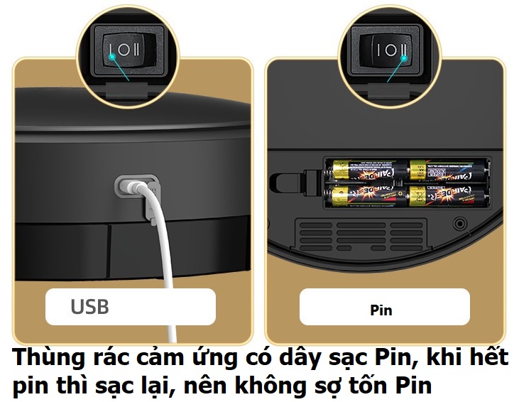 Thùng rác cảm ứng thông minh 20 lít (có sạc điện khi hết pin)