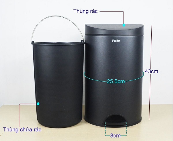 Thùng rác đạp chân Fitis 12 lít màu đen