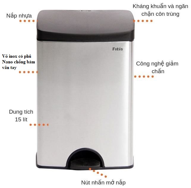 Thùng rác inox đạp chân vuông phủ Nano 15 lít Fitis