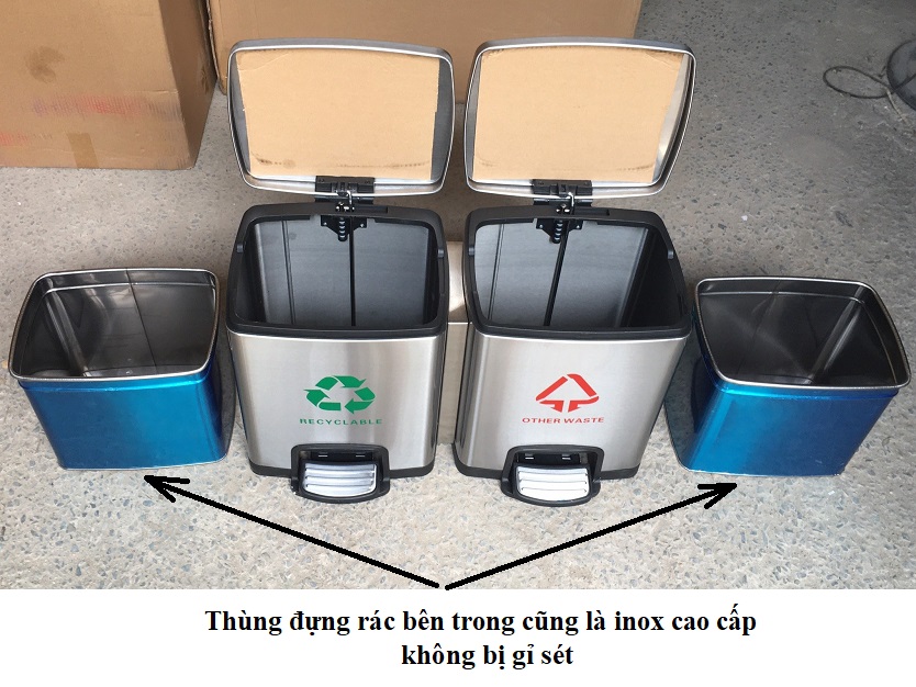 Thùng rác inox đạp chân vuông phủ Nano Cao Cấp 2 ngăn 30L