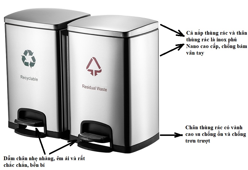 Thùng rác inox đạp chân vuông phủ Nano Cao Cấp 2 ngăn 30L