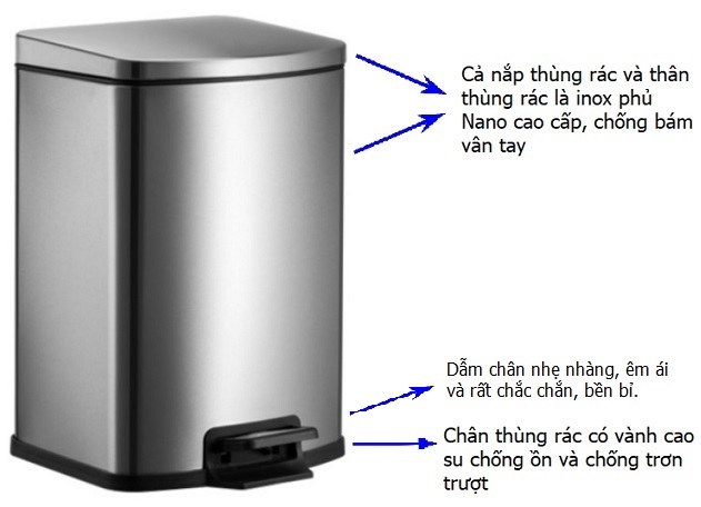 Thùng rác inox đạp chân vuông phủ Nano Cao Cấp 20 lít